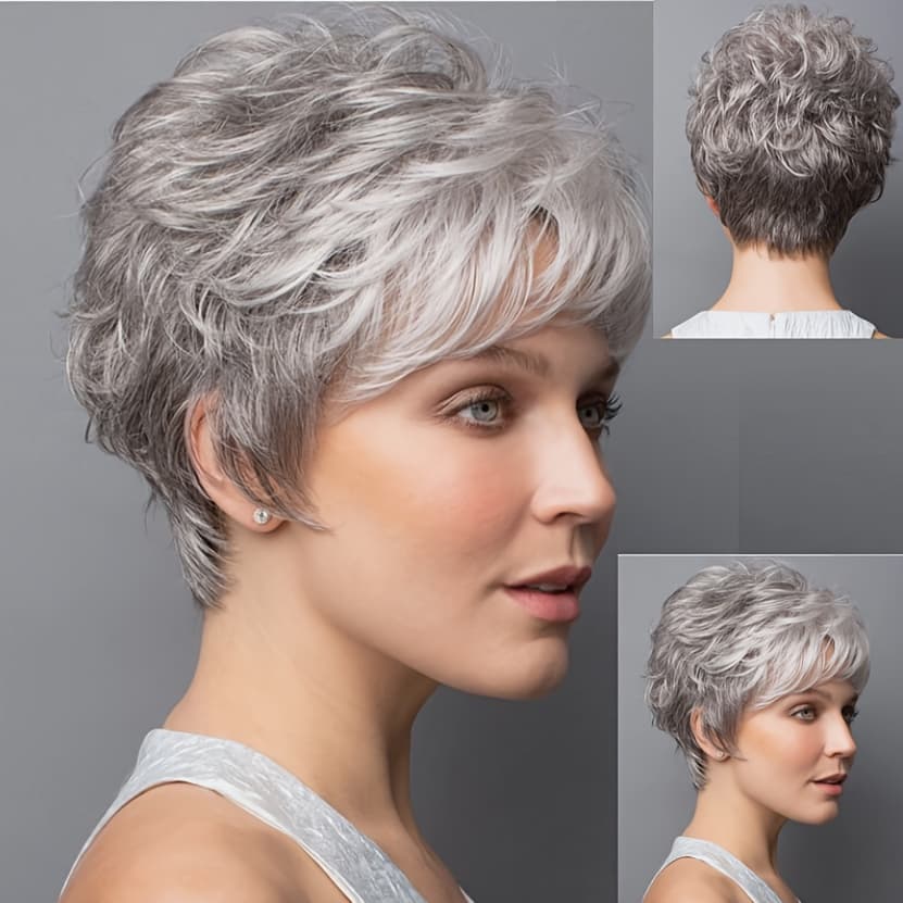 TEMU Barsdar 8inches Short Grey Wigs For White Women Cut Gray Wigs With Bangs Curly Synthetic Hair Short Mixed For White Wig For Older Women