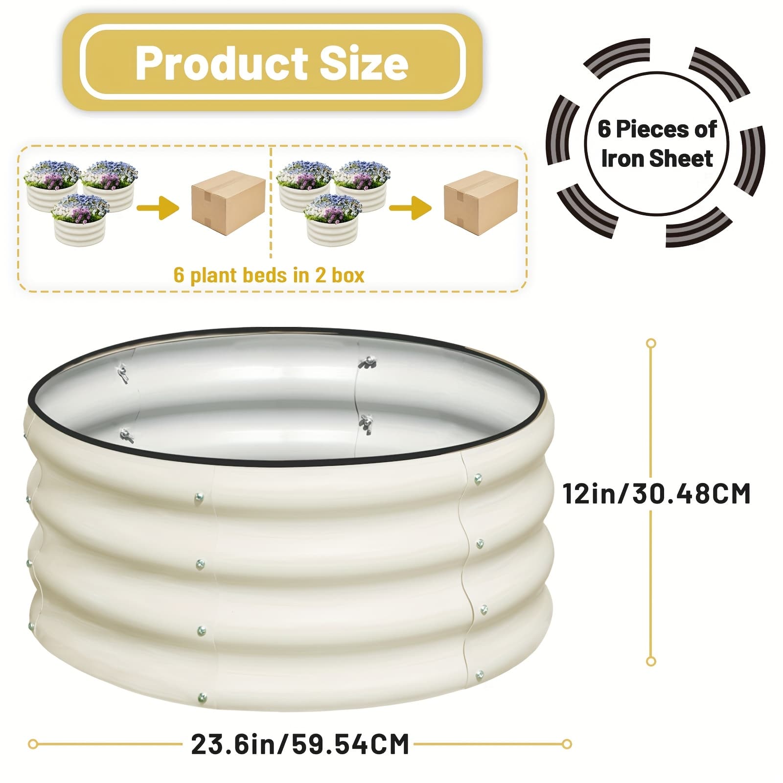 TEMU 6pcs 2x2x1 Ft Circular Wavy Metal Planter | With Safety Rubber Edging, Open Base, Powder Coated Finish, Rust Resistant, Ideal For Courtyard And Garden Decoration