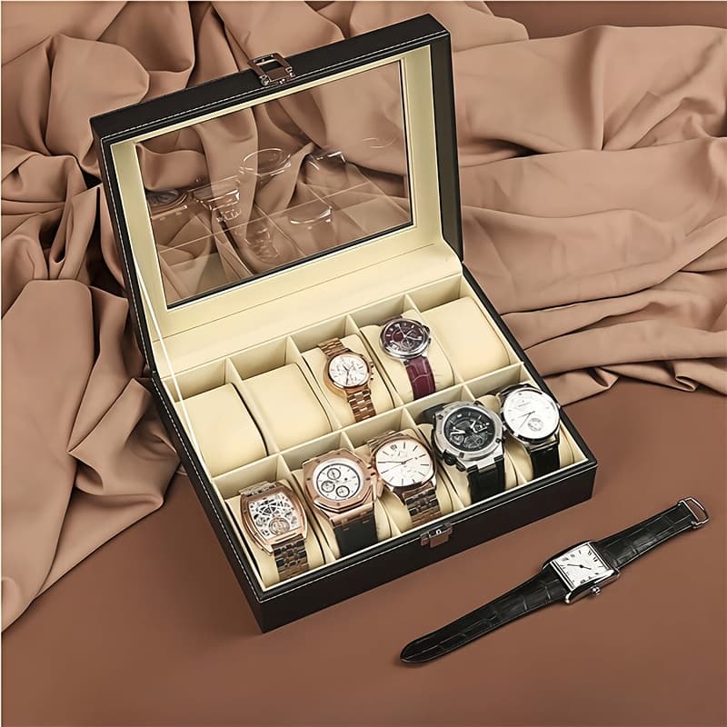 TEMU Kyphirel Watch Box, 10/12 Slot Watch Case With Large Glass Lid, Removable Watch Pillows, Watch Box Organizer, Valentine's Day, , Father's Day, Thanksgiving, Birthday Gift