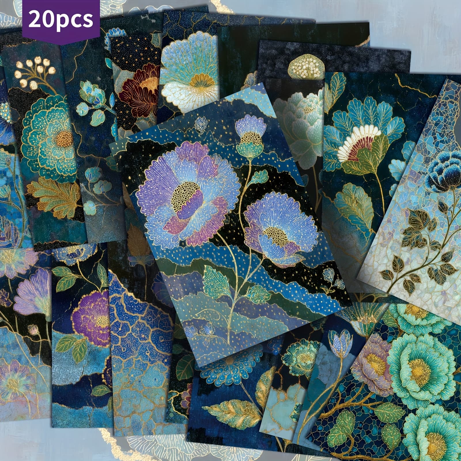 TEMU 20-pack Vintage Teal Floral Stained Glass Postcards - 4x6 Inches Retro Junk Journal Paper, Classic Pinup Illustrations, Collectible Decorative Painting Cards For Scrapbooking And Crafting
