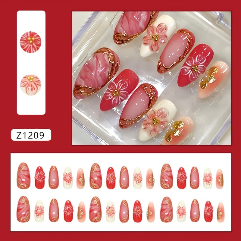 TEMU Almond-shaped Artificial Nails | Nude Glossy End With Gentle Bubble Lines And Floral Designs, Detachable European Style