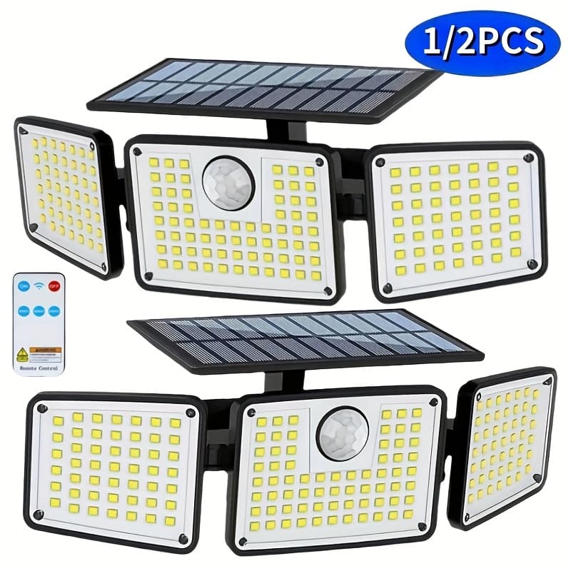 TEMU 2pcs Solar Outdoor Lights, 3000lm 218 Led Motion Sensor Lights With Remote Control, Ip65 Waterproof, 270° Wide Angle Flood Wall Lights With 3 For Outside Patio Wall