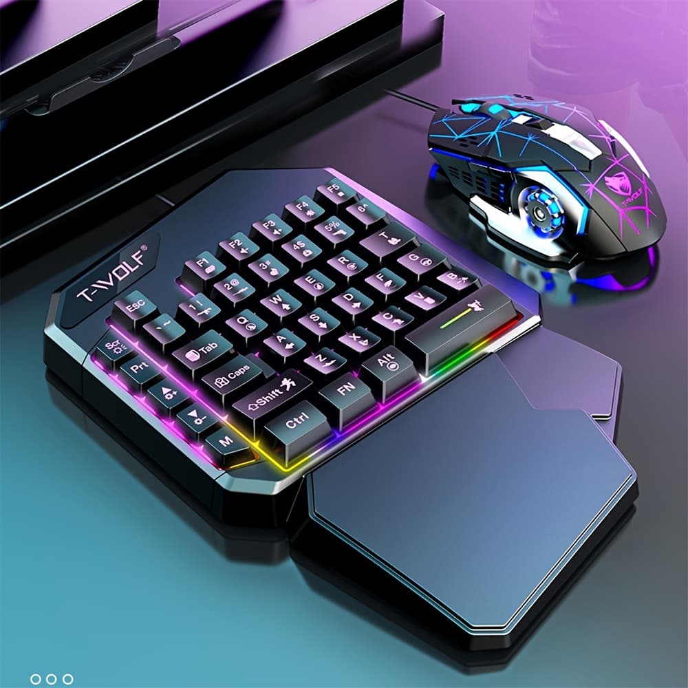 TEMU Single-handed Keyboard With Gaming Mouse, Compatible With , 35 Game-specific Keys, Rgb Lighting, Membrane Keyboard, , Automatic Pressing Function, Long-lasting , Small Left-handed Mouse Set