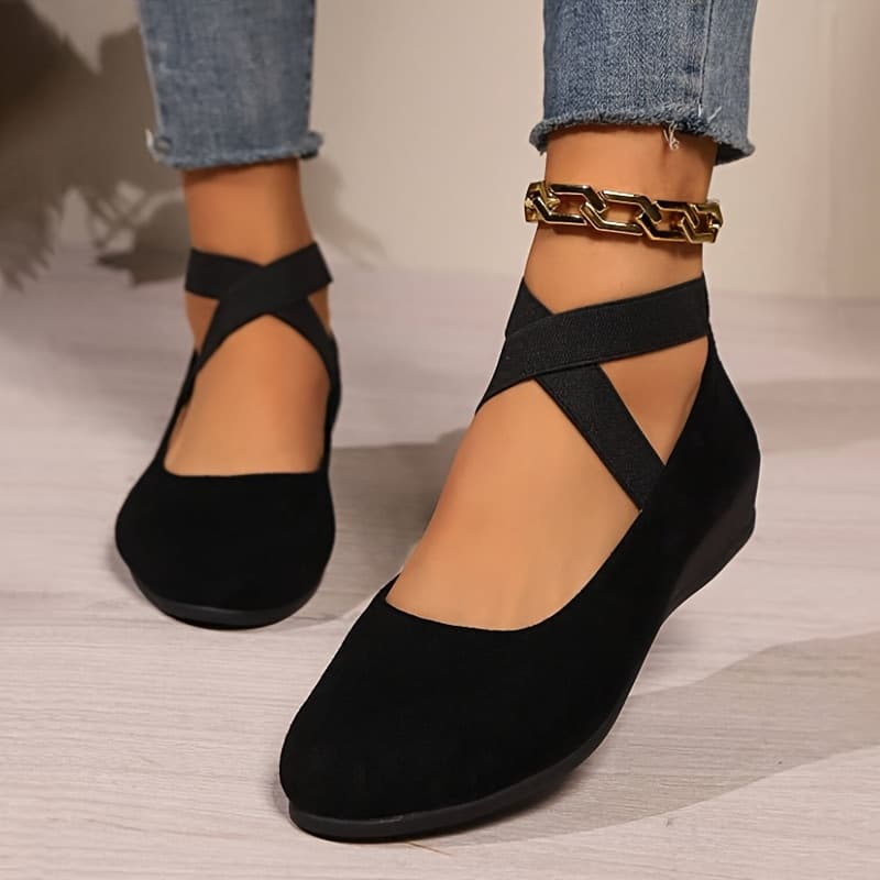 TEMU 2026 New Women's Black Fashionable One-legged Loafers, Elastic-belt Comfortable Soft Sole Ballet Shoes, Lightweight Wedge Daily Casual Shoes, Solid Color Elegant Flat Shoes, Women Shoes