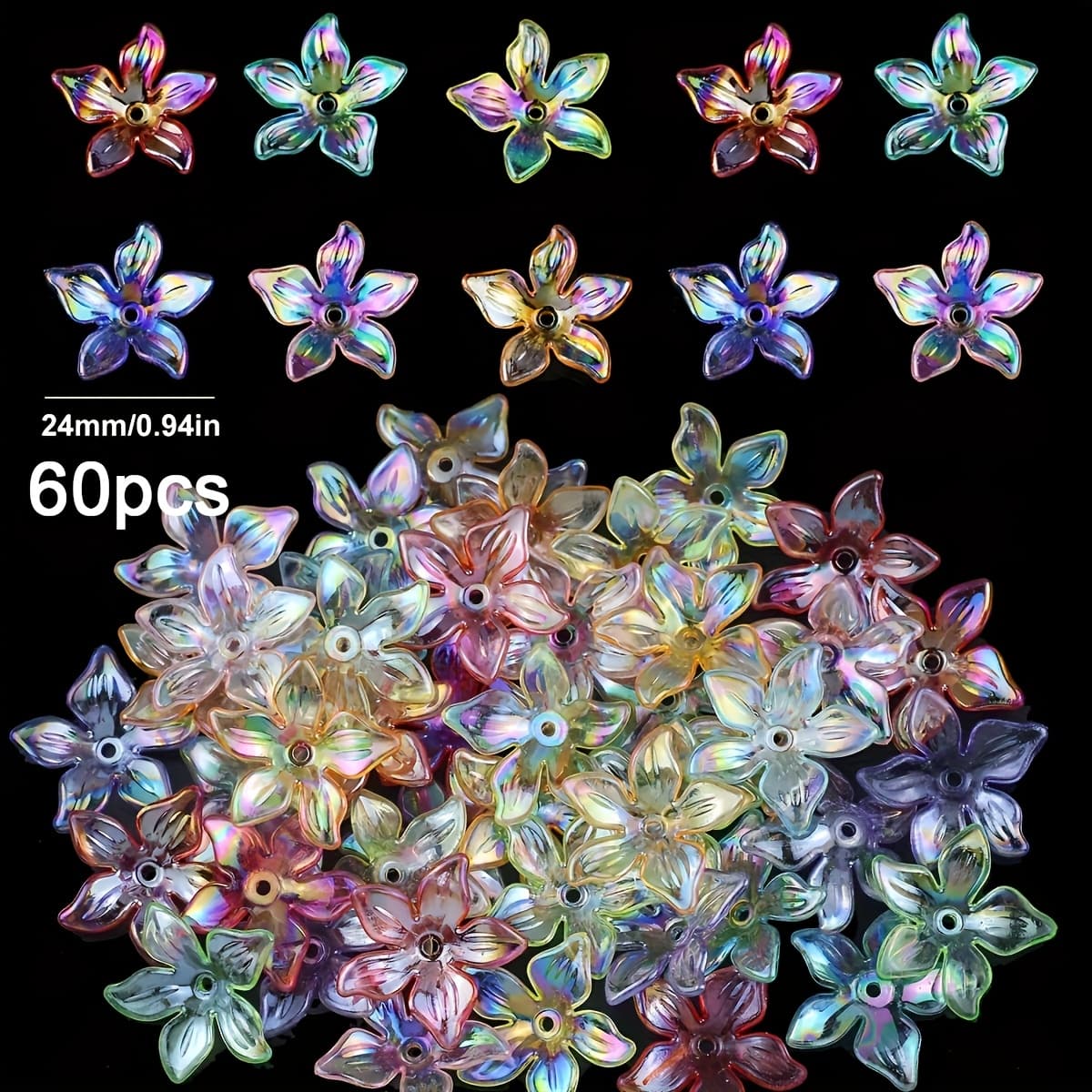 TEMU 60pcs Of 24mm Colorful Flower-shaped Assorted Acrylic Beads, Suitable For Crafting Of Bracelets, Necklaces, Earrings, And Other Decorative Additions