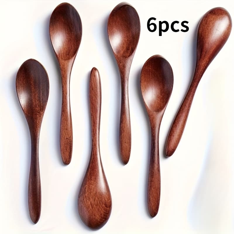 TEMU 6pcs Handmade Wooden Spoons, Approximately 14.5cm Long Stirring Spoon, Coffee Spoon, , Dessert Spoon, Small Wooden Utensils For Hotels And Restaurants