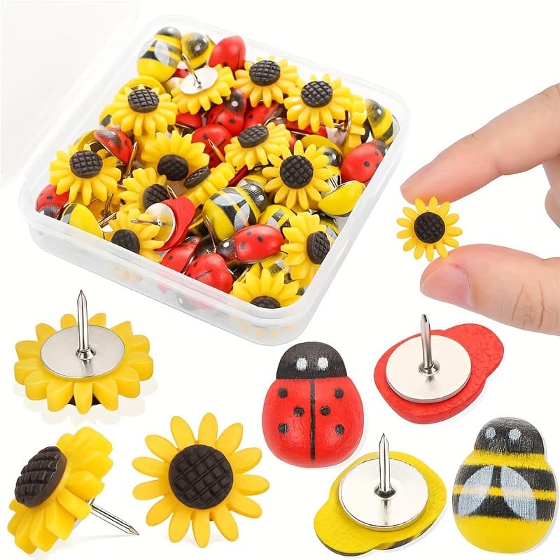 TEMU 30pcs Sunflower Bee Ladybug Push Pins, Wooden Bee Ladybug Push Pins Decorative Flower Thumb Tacks Cork Board Thumbtacks For Bulletin Board Photo Wall Pins Office Supplies