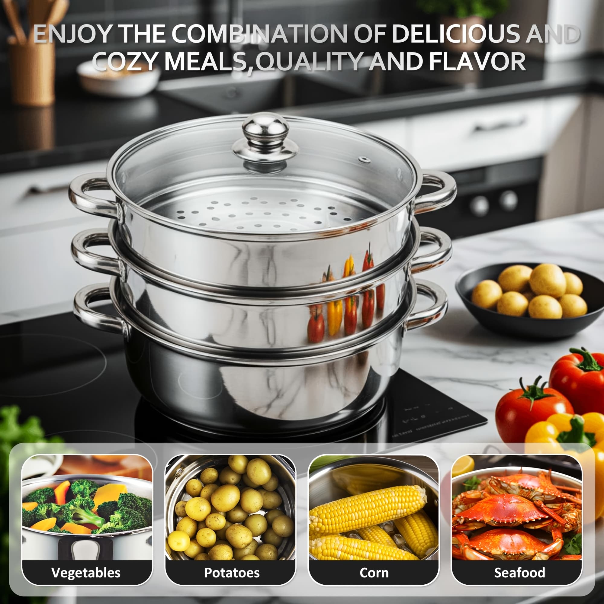 TEMU Three-layer Stainless Steel Steamer With Lid - Heavy-duty Soup Pot For Vegetables, Dumplings, Buns, And Fish - Cookware With Handled Steamer And Spoon For Versatile Cooking