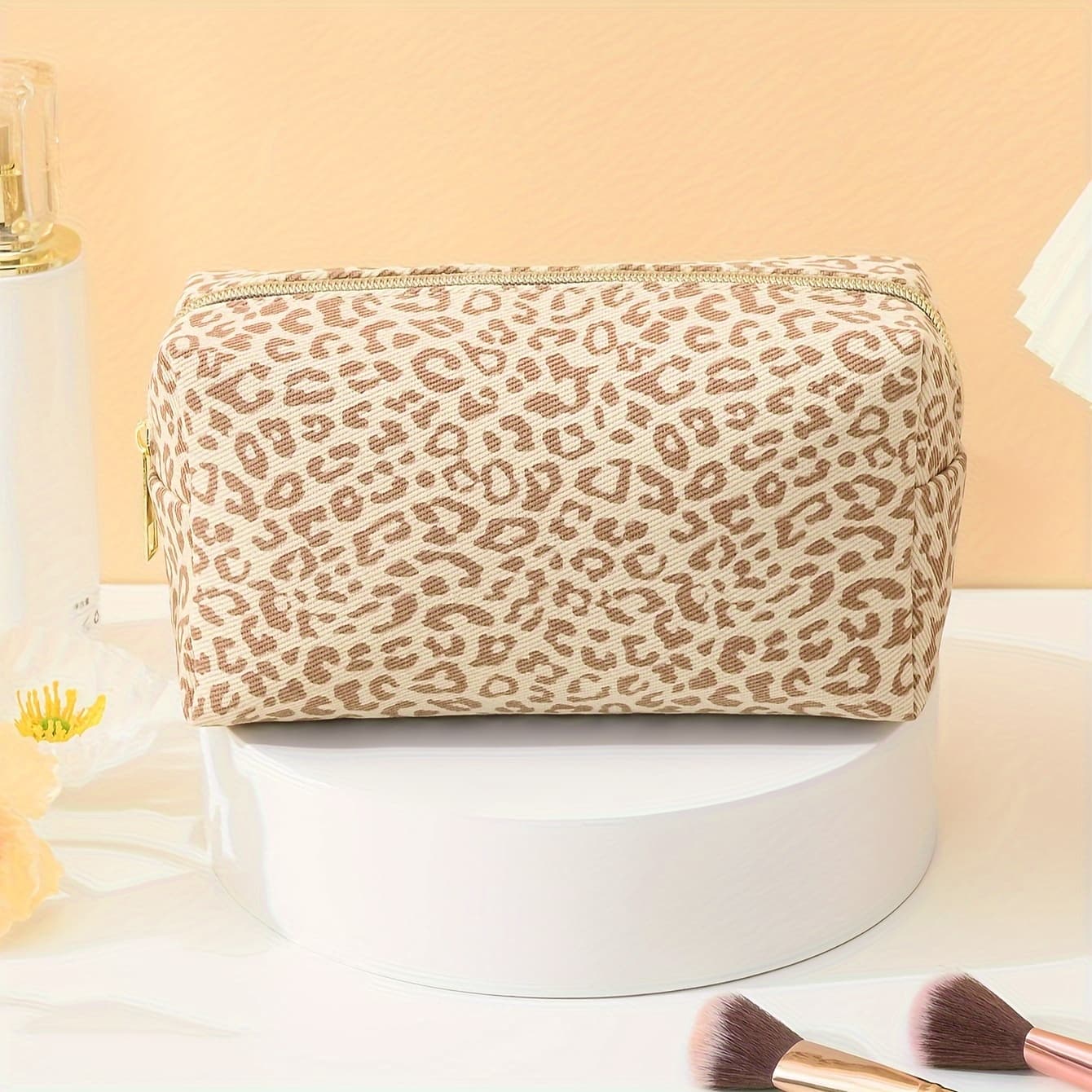 TEMU A Stylish, Minimalist, And Spacious Canvas Leopard Print Zippered Travel Makeup Bag.