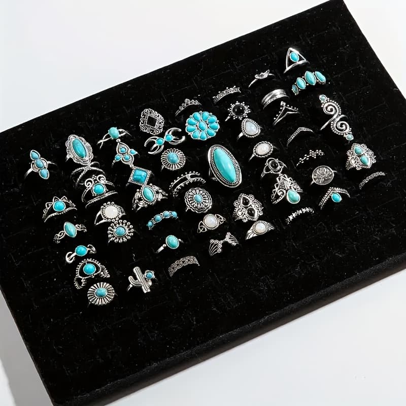 TEMU 44pcs Bohemian Style, Flower, Heart, , Set With Turquoise, Geometric Multi-style Stacking Ring Set For Women' Pairing, Vacation Party, Gift For Family,