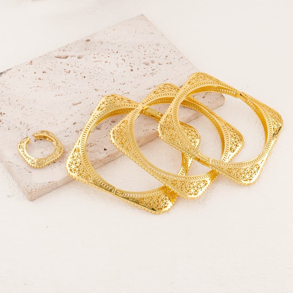 TEMU 4pcs 24k Gold Plated Women's Jewelry Set - Adjustable Bracelet & Ring Suitable For Saudi Arabia National Day, Valentine's Day Gifts, Luxury Middle Eastern, & Festival Wear, 4pcs