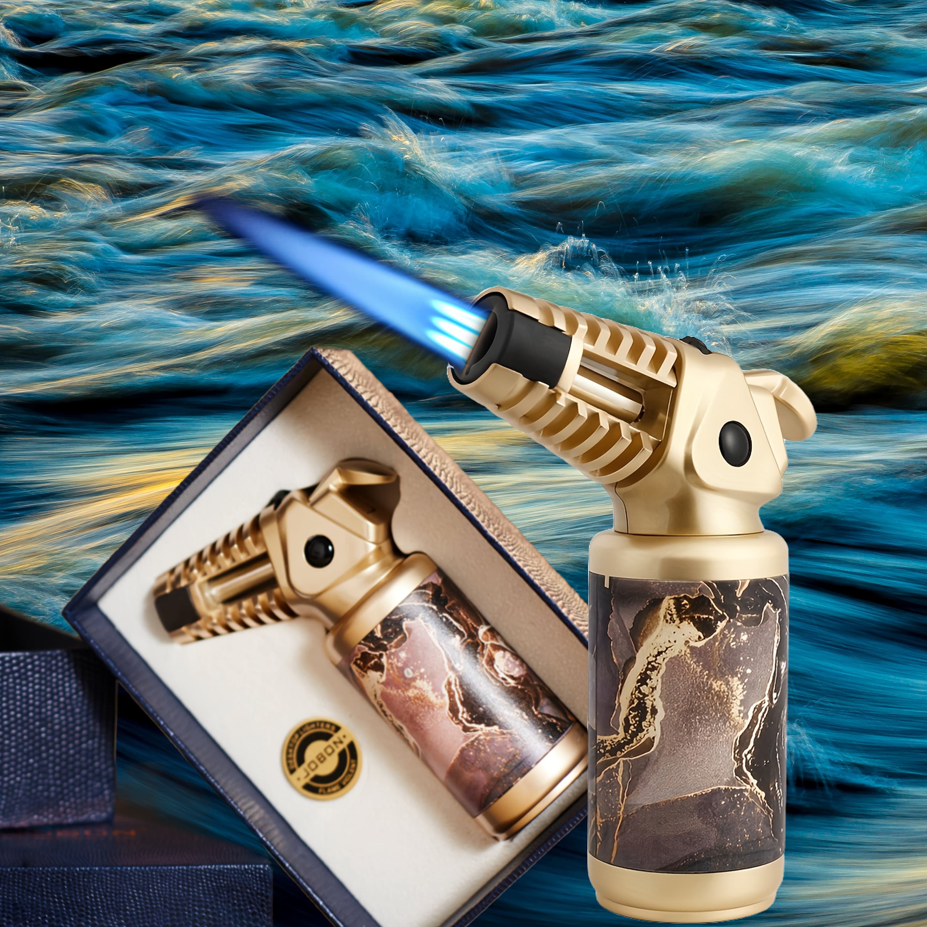 TEMU 1pc, With Adjustable Flame & Safety Lock, Stylish Golden , Includes Premium Gift Box - Bbq, Outdoor Cooking, , And Holiday Parties (butane Gas Not Included)