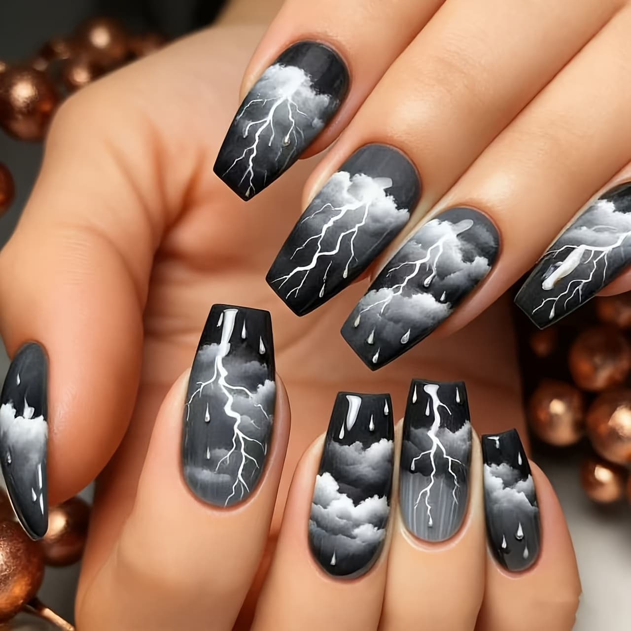 TEMU New 24pcs Set "" Dark Series Nail Art, Hand-painted Gradient Dark Clouds And Lightning, Cool And Long Wearable Nails, Finished And Detachable