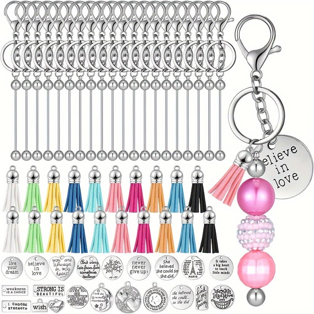 TEMU 60pcs Beadable Motivational Keychain Accessories Set Includes 20 Beadable Keychain Bars 20 Inspirational Words Charms 20 Leather Keychain Tassels For Diy Keyring Jewelry Making Kit Supplies
