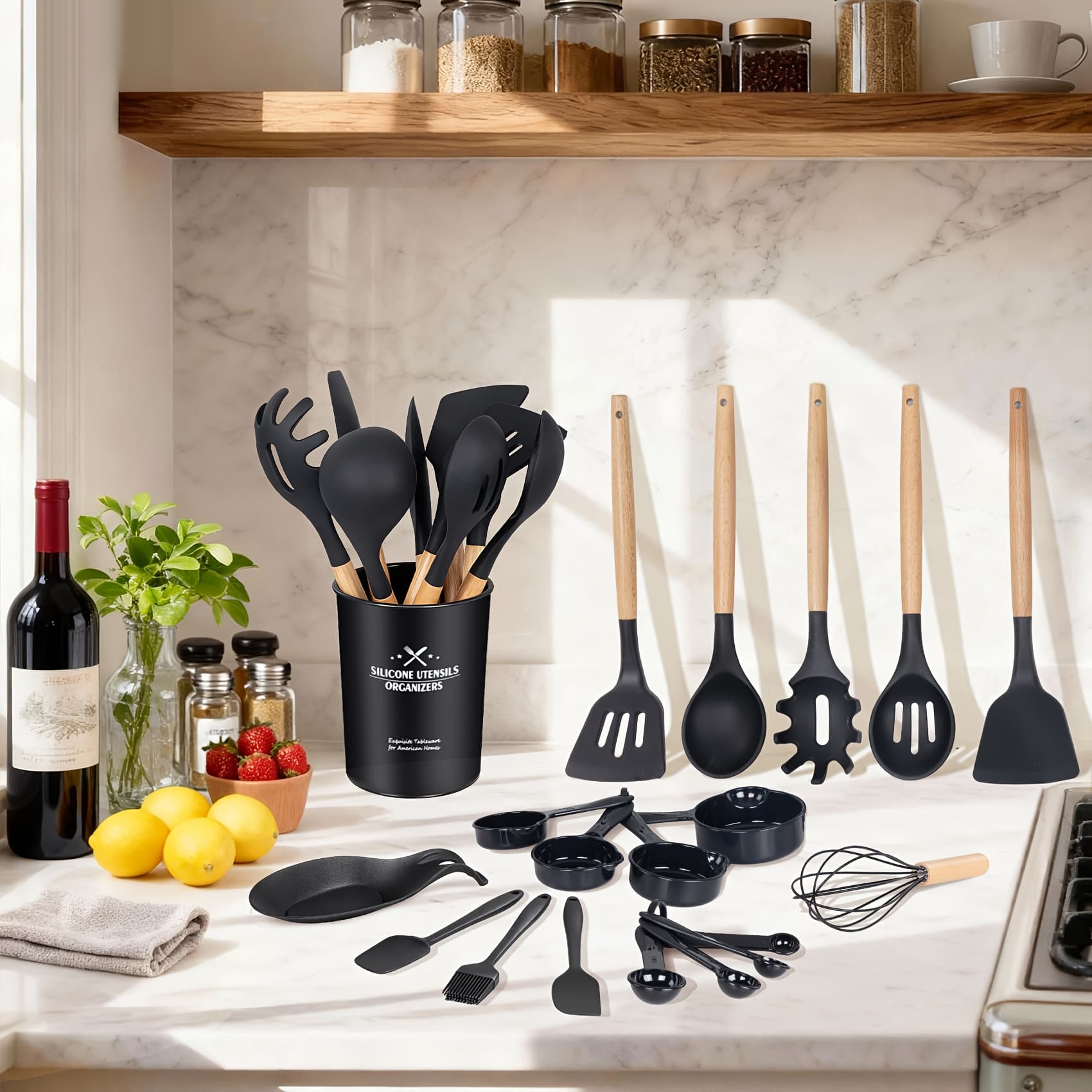 TEMU Kitchen Utensils Set- 34pcs Silicone Cooking Utensils With Holder, Heat Resistant Kitchen Utensil Spatula Set For Nonstick Cookware, Black Wooden Handles Kitchen Gadgets Tools Set Father Gift