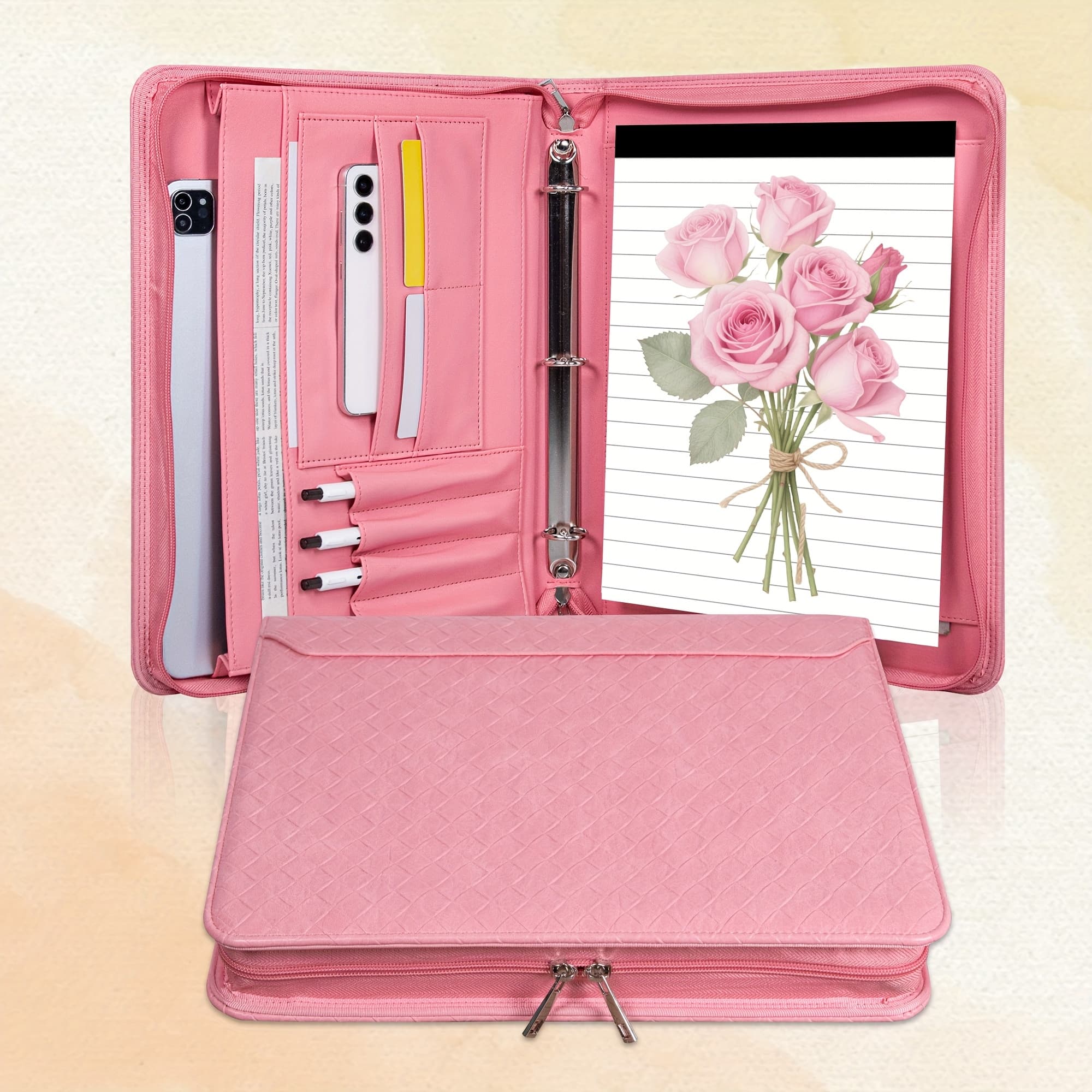 TEMU Stylish Pink Planner For Women,pu Leather Binder Portfolio With Zipper, 3-ring Padfolio With Pen Holder, A4 Portfolio With Laptop Pocket, Laptop For Women,christmas,new Year Holiday Gift