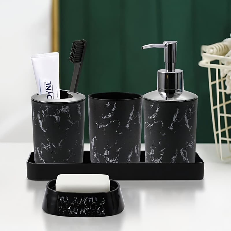 TEMU Marble Patterned Bathroom Set, Including Mouthwash Cups, Toothbrush Holder, Soap Dispenser, Soap Box, Tray, Toilet Brush, Trash Can, And Swab Box