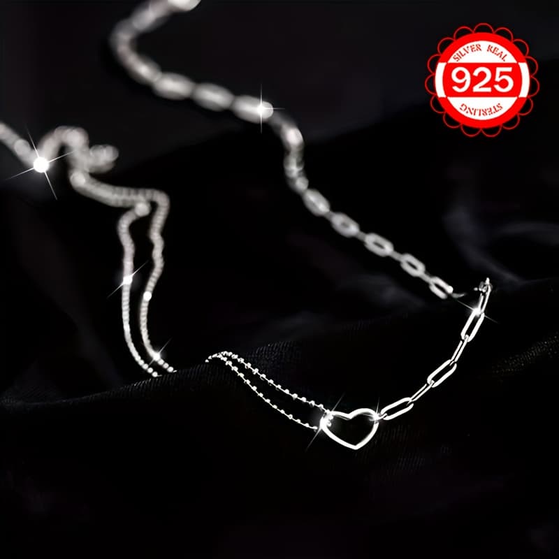 TEMU Top-rated Stylish Double-layer Heart Necklace For Women - Hypoallergenic 925 Sterling Silver, Use And