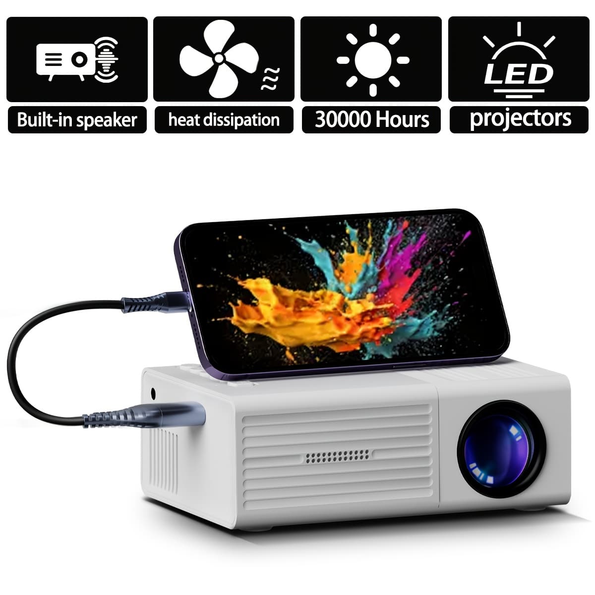 TEMU Portable Video Projector, Home Theater Projector, Mini Outdoor Projector, 1920*1080p Resolution, Supports Mobile Phone Projection, Suitable For Ios/tv Stick/usb/laptop And Other Devices.