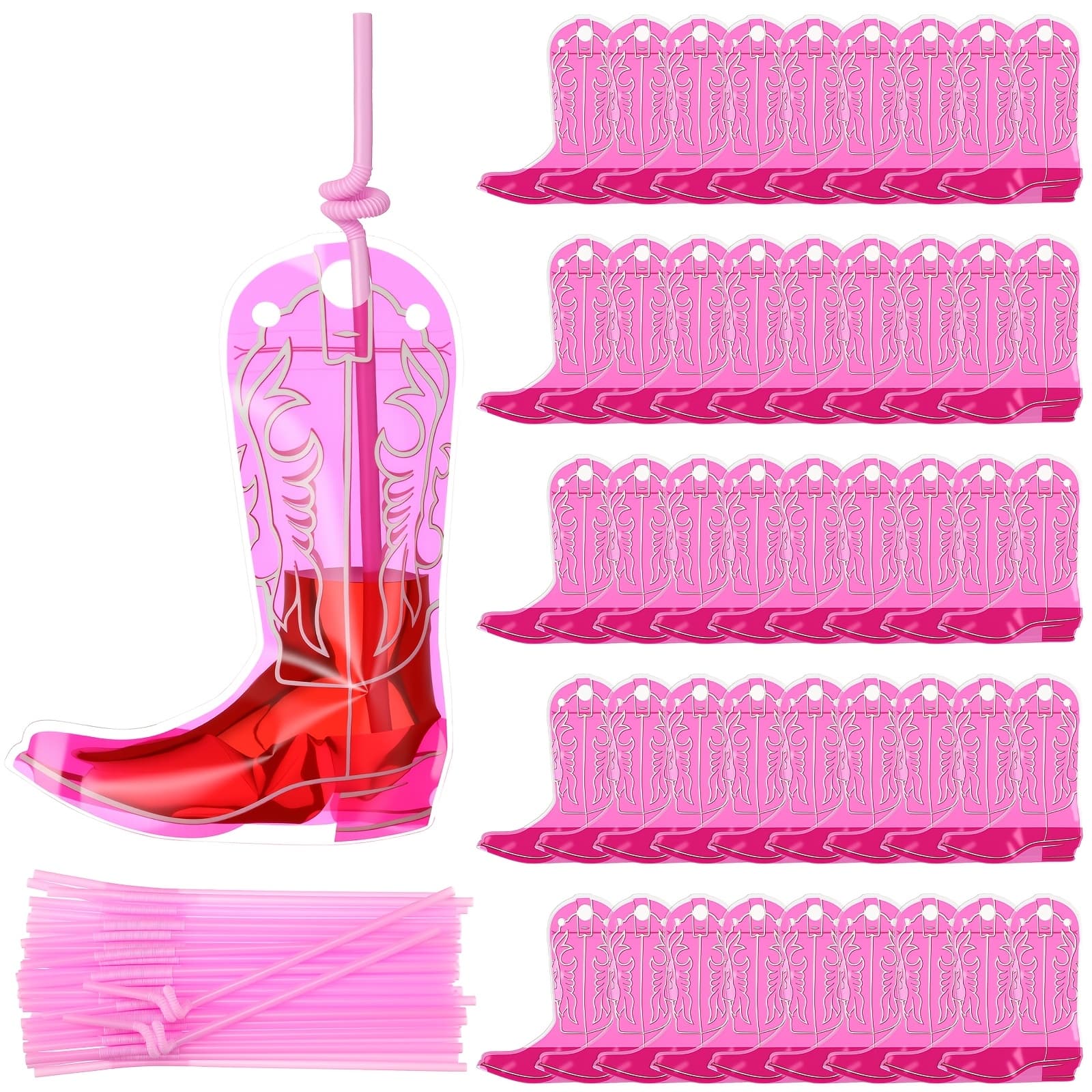 TEMU 50 Set Cowboy Boot Drink Pouches With Straws Cowgirl Boot Zipper Smoothie Pouches Heavy Duty Reclosable Bag For Christmas Western Themed Rodeo Supplies (6oz, Pink)