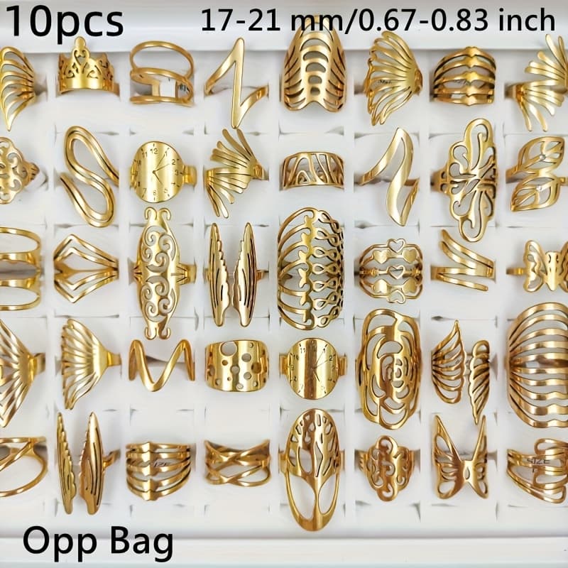 TEMU 10pcs/lot Stainless Steel Hollow Out Ring For Teenager Mix Carved Geometric Charm Fashion Jewelry Engraved Openwork Rings Teenager Gifts, For Teenager, For Teenager