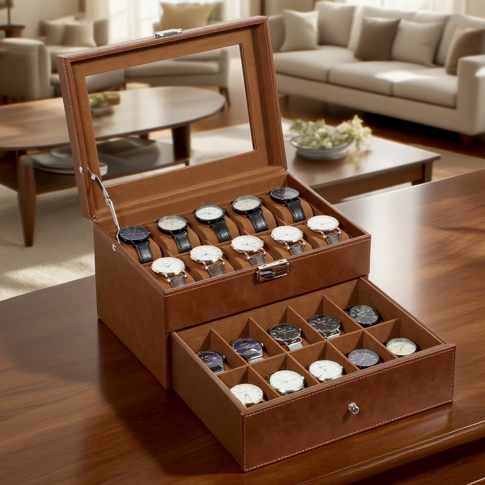 TEMU 20-grid Double-layer Watch Box, Brown, Black, Gray Pillows, Solid Glass Cover, Suitable For Collection , Protect Your Watches.