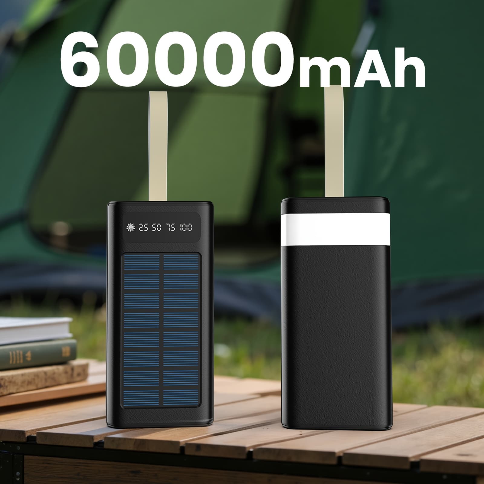 TEMU A 60000mah Solar Power Bank That Serves As A Portable Charger Featuring Solar Charging Capabilities, 22.5w Rapid Charging, An Display And Light, With 4 Output Ports And 3 Input Options