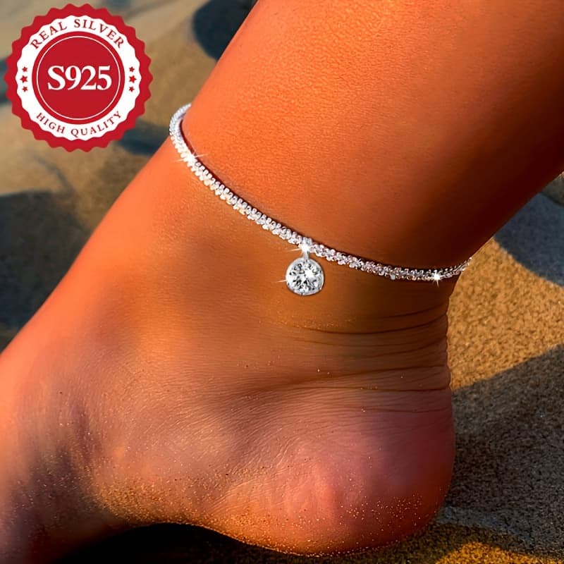 TEMU 925 Ultra-fast Flash Moissanite Cabbage Ankle Chain, Suitable For Daily Wear, Parties, Weddings, Hypoallergenic, Total Weight Of The Product (1.3g)