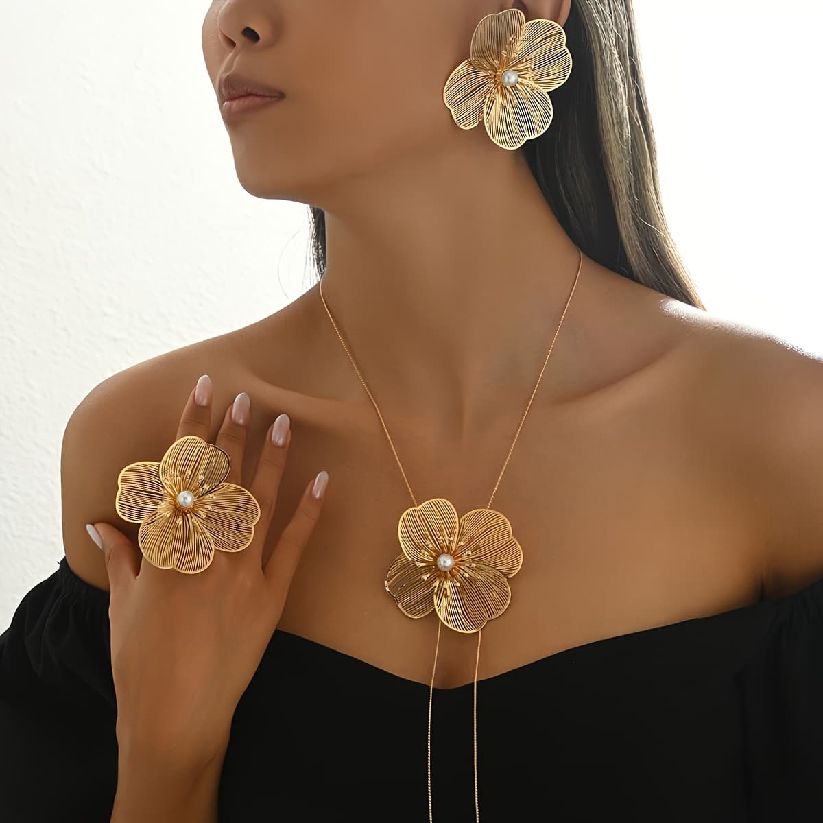 TEMU 4pcs Set, Fashionable And Elegant Geometric Openwork Acrylic -embellished Floral Necklace, Earrings, And Ring Set