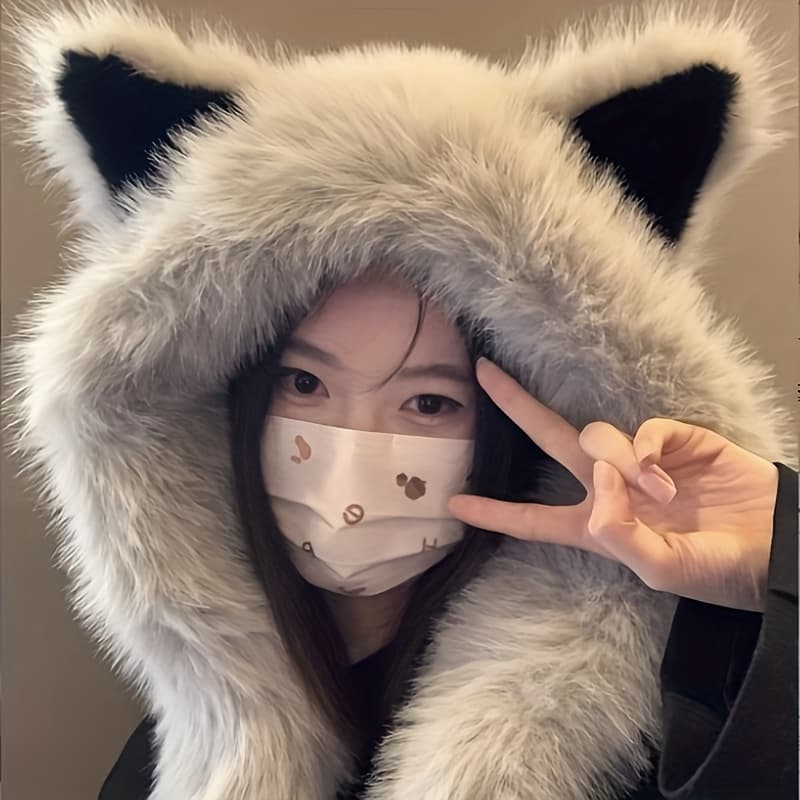 TEMU 1pc Soft Polyester Faux Fur Cat Ear Hat With Scarf - Unisex Winter Warm Lightweight, Switch Closure (no Elastic) For Bachelorette Party, & Themed Costume - ’s Cat Ear Headpiece Accessory