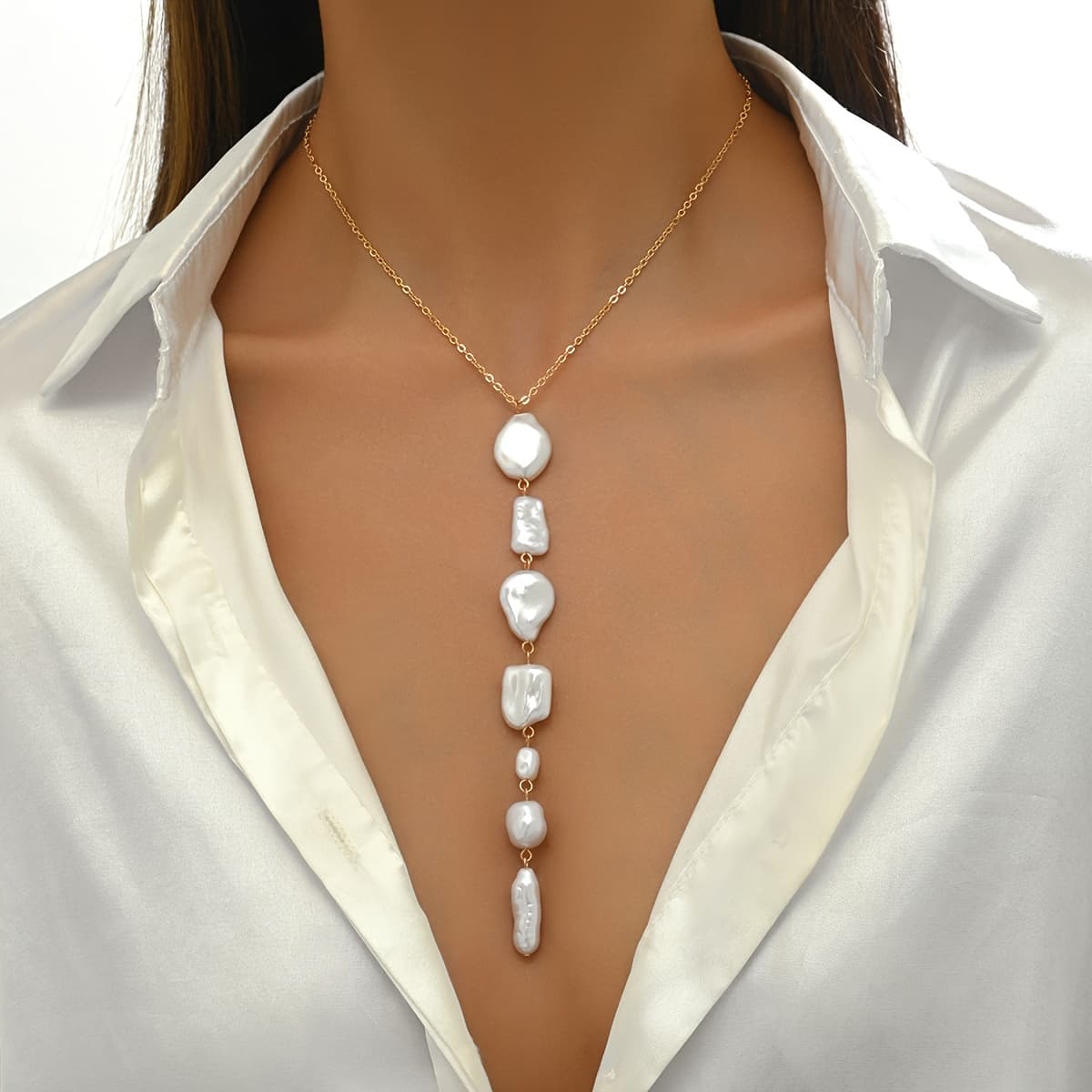 TEMU Exquisite Baroque Pendant Necklace - Unique Irregular Shape, Long Chain, Ocean-, Perfect For Vacation, Parties, And Casual Attire