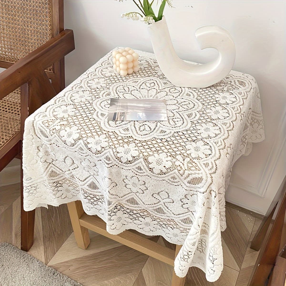 TEMU Elegant Floral Lace Tablecloth - Polyester, Rectangular, Machine- For Kitchen & Dining Decor