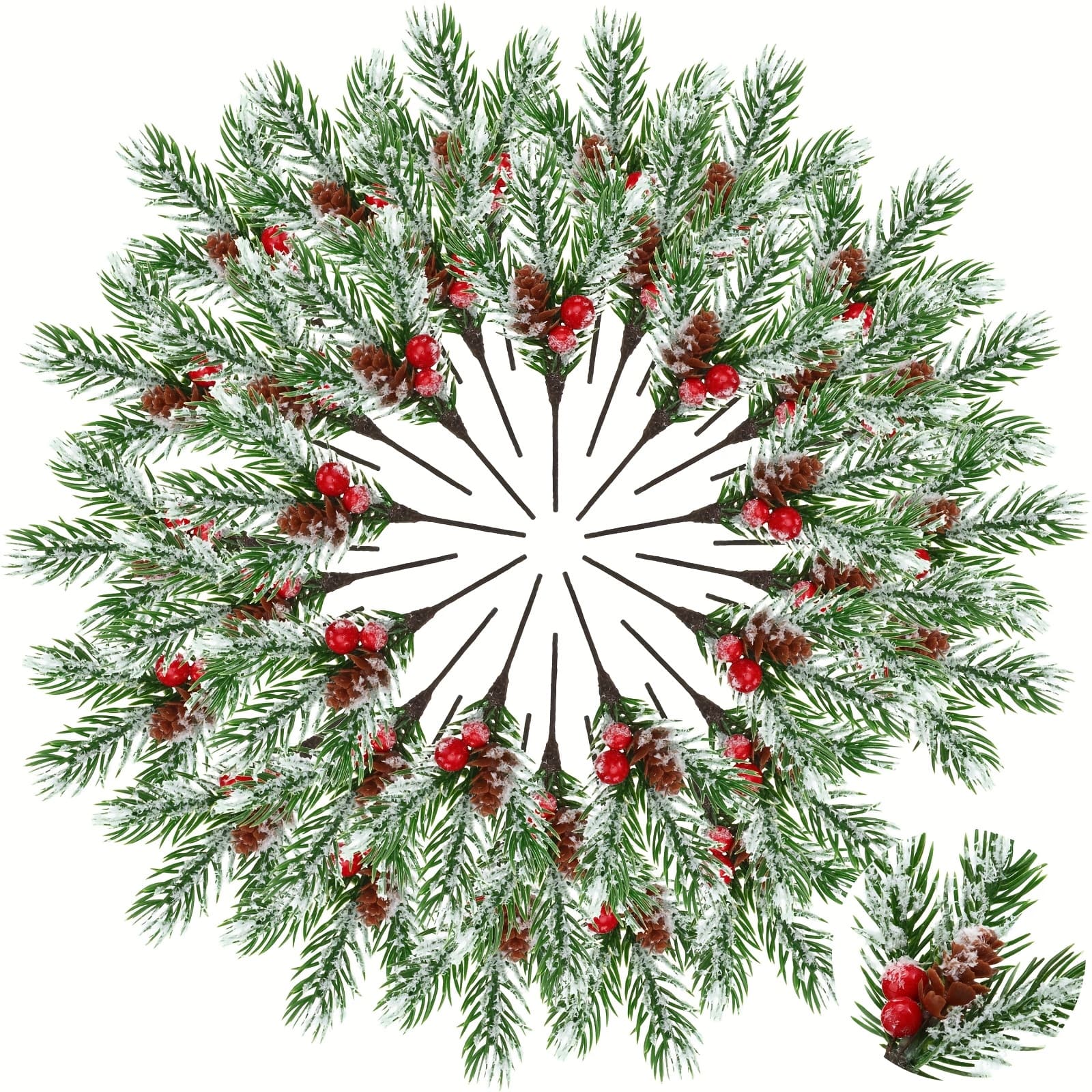 TEMU 48pcs Christmas Picks And Sprays Christmas Tree Floral Picks Berry Greenery For Craft Artificial Faux Pine Branches Pine Cones Branches For Decor Garland Wreath