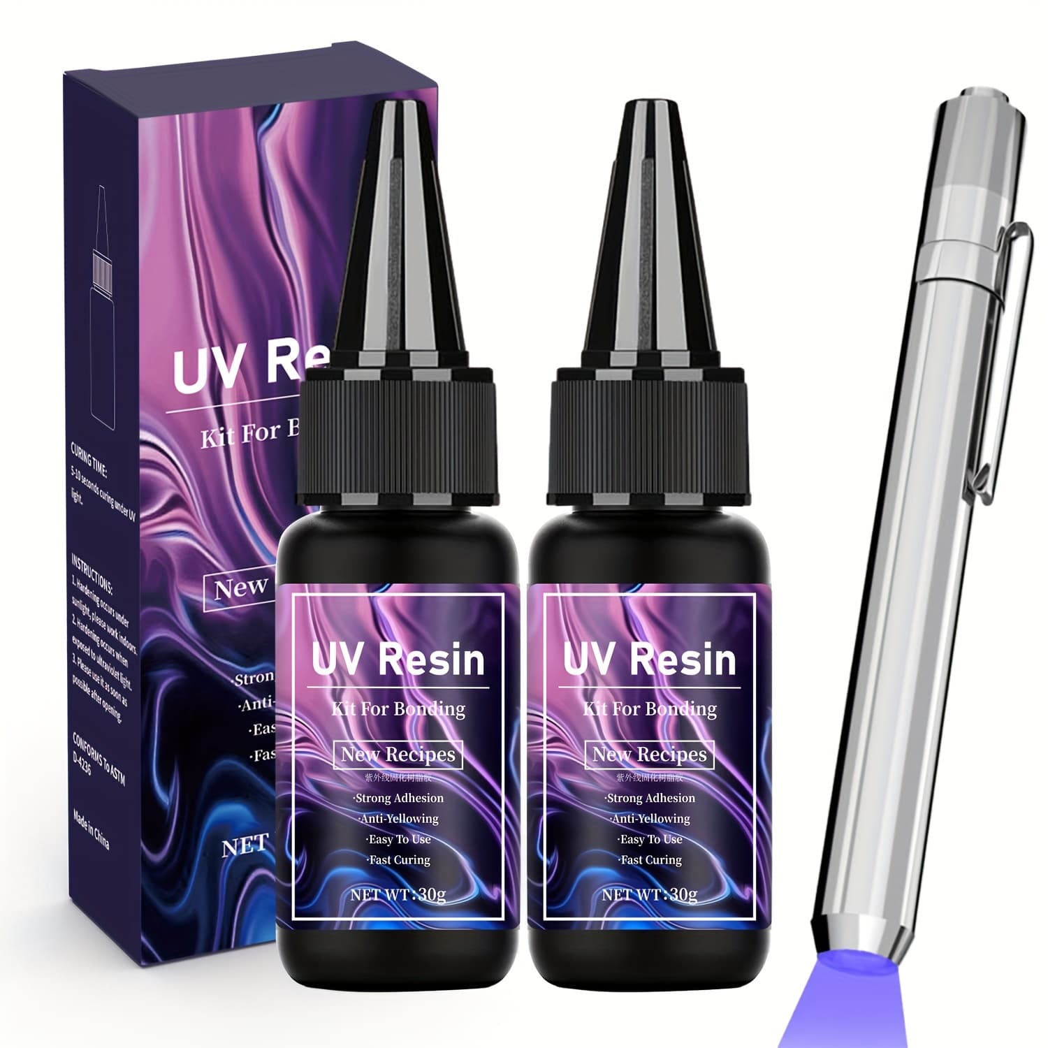 TEMU Uv Resin Kit With Light 30g 1oz 2pcs/4pcs, Quick-drying Uv Resin, Bonding & Repairing , Clear Uv Glue With Uv Penlight For Resin, Plastic, Glass, Acrylic, Metal