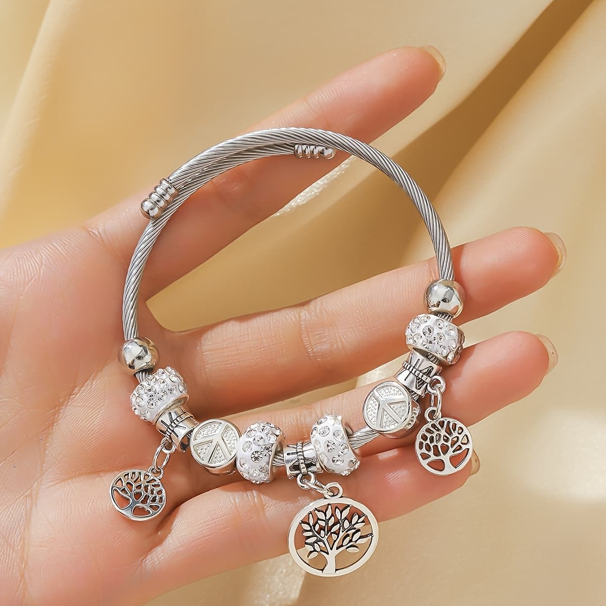 TEMU 1 Elegant Tree Of Life Pendant Women's Bracelet | Silver Plated Stainless Steel, Mosaic, Suitable For Daily Banquets And Gift- Occasions