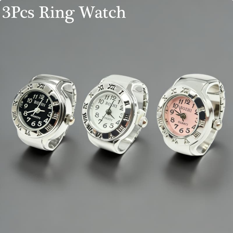 TEMU 3pcs Elegant Women's Mini Elastic Strap Quartz Movement Ring Watch Set, Fashion Round Arabic Numeral Dial, Ring Watch