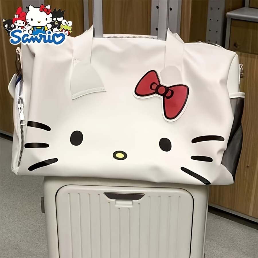 TEMU White Large Capacity Luggage Organizer Bag, Cute Cartoon Hello Kitty Large Travel Bag With Bowknot For Women's Elegant Polyester Crossbody Shoulder Bag