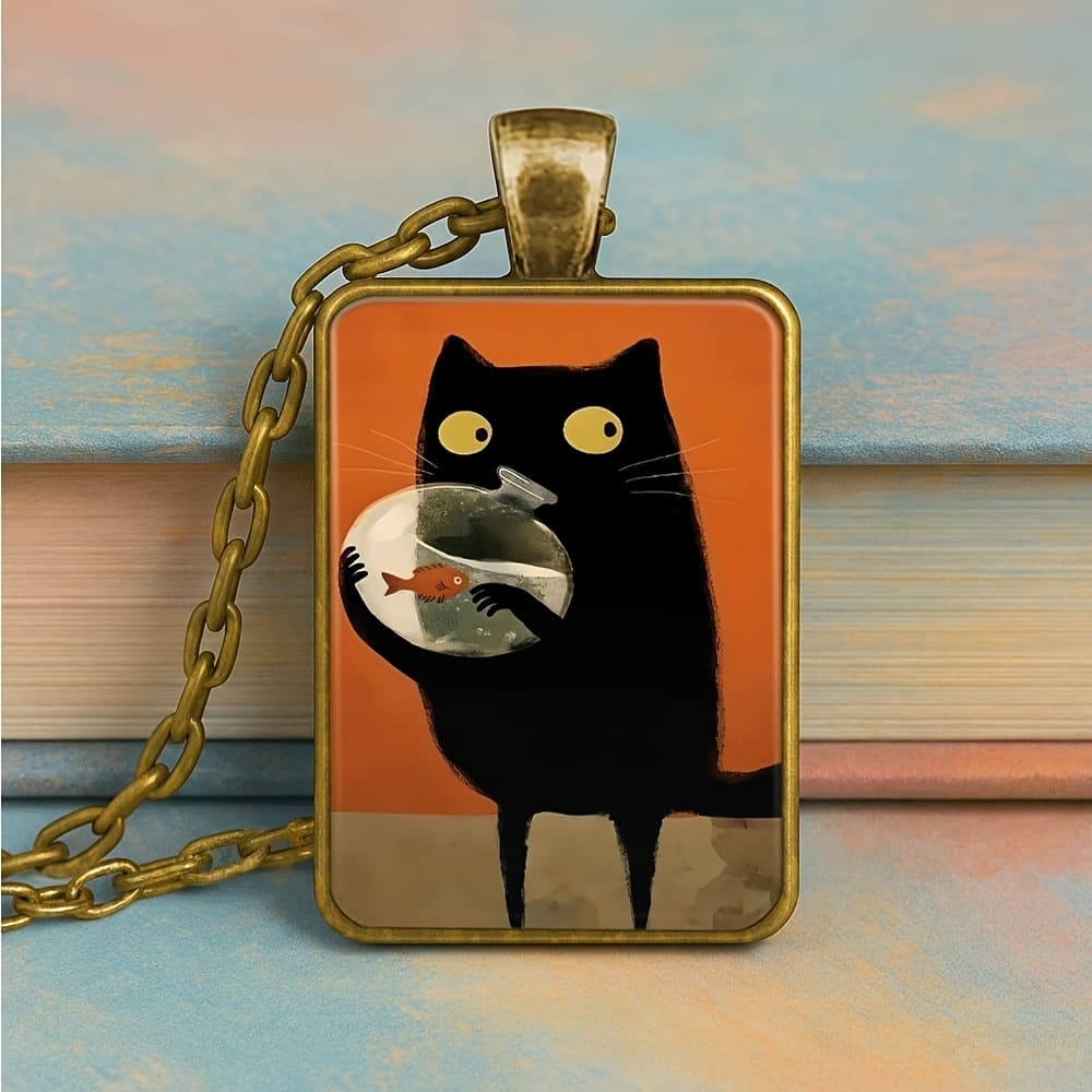 TEMU Elegant And Stylish Black Cat Holding Fish Tank Ornamental Fish, Pendant Keychain - Easy Square Design, Bright Colors, Ideal Romantic Gift