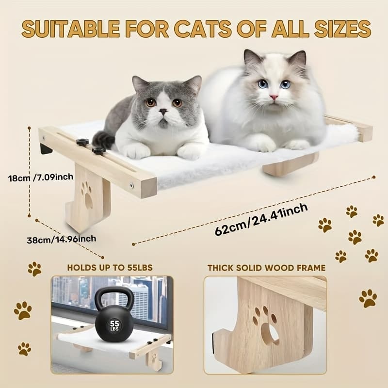 TEMU Large Size Cat Window Hammock, 24.4in*15in, Cat Window Sill, Wooden And Metal Frame, Easy To Adjust Window Sill, Bedside, Drawer And Cabinet, Suitable For Indoor Cats