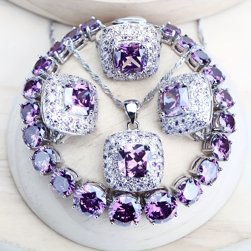 TEMU Set Of 5 Exquisite And Geometric Purple Including A Necklace, Bracelet, Ring, And Earrings, Perfect For Valentine's Day, Weddings, And Gifts For, Presented In Jewelry Box