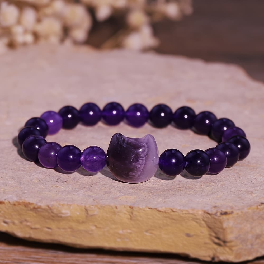 TEMU 1pc Natural Stone Bracelet, Rose Quartz Tiger Eye Amethyst Cat Bracelet Best Friend Head Bracelet Couple Cat Claw Beaded Chain