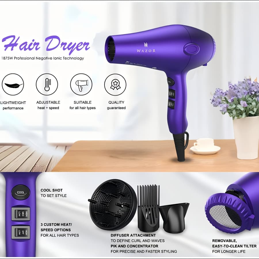 TEMU 3rd Generation Lightweight Hair Dryer, 1875w Ceramic Negative Blow Dryer And 2--heat Settings With Diffuser Concentrator Comb, Hair Dryers For Women, For Women Gifts, Best Gifts (purple)