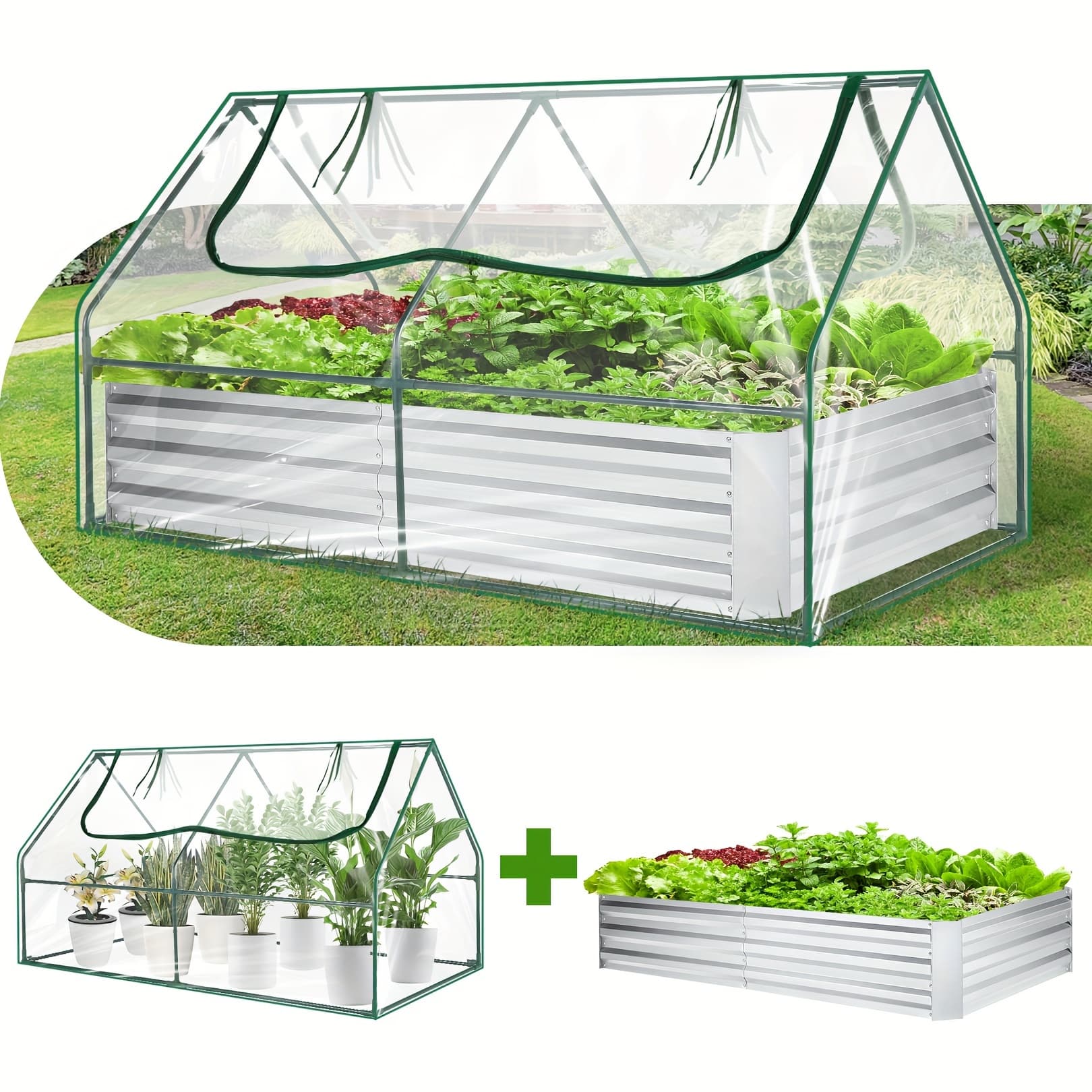 TEMU Metal Planter Box With A Cover, Measuring 6x3x3 Feet, Designed For Outdoor Use, Featuring 2 Roll-up Windows, Ideal For Cultivating Flowers, Fruits, Vegetables, And Herbs - Transparent