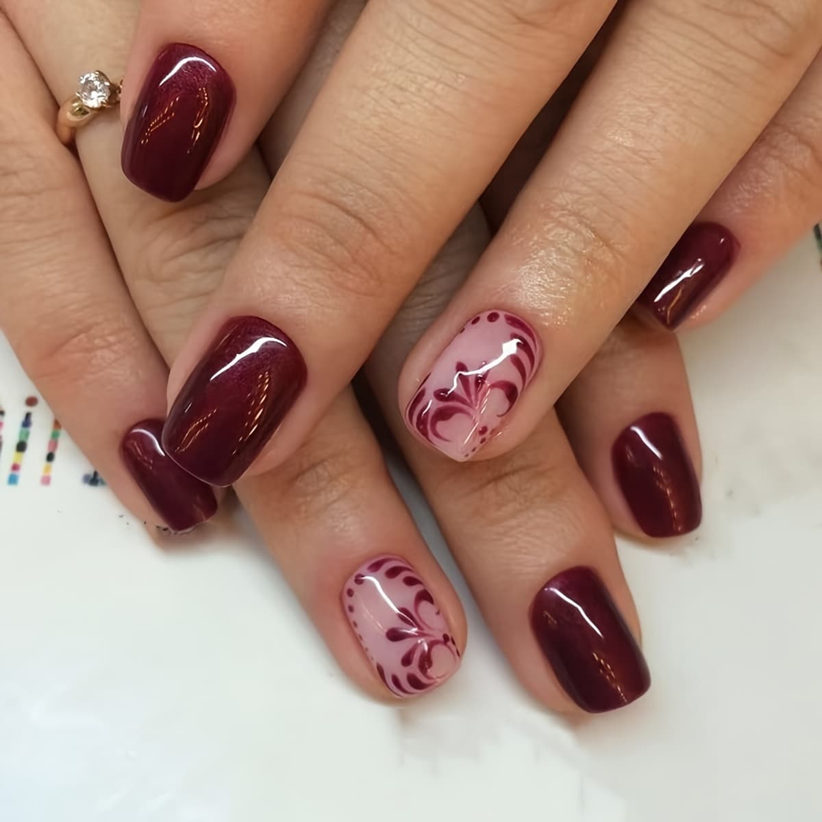 TEMU Short Burgundy Floral Romantic Nail Set, Skin Tone Enhancing, Detachable, 24pcs