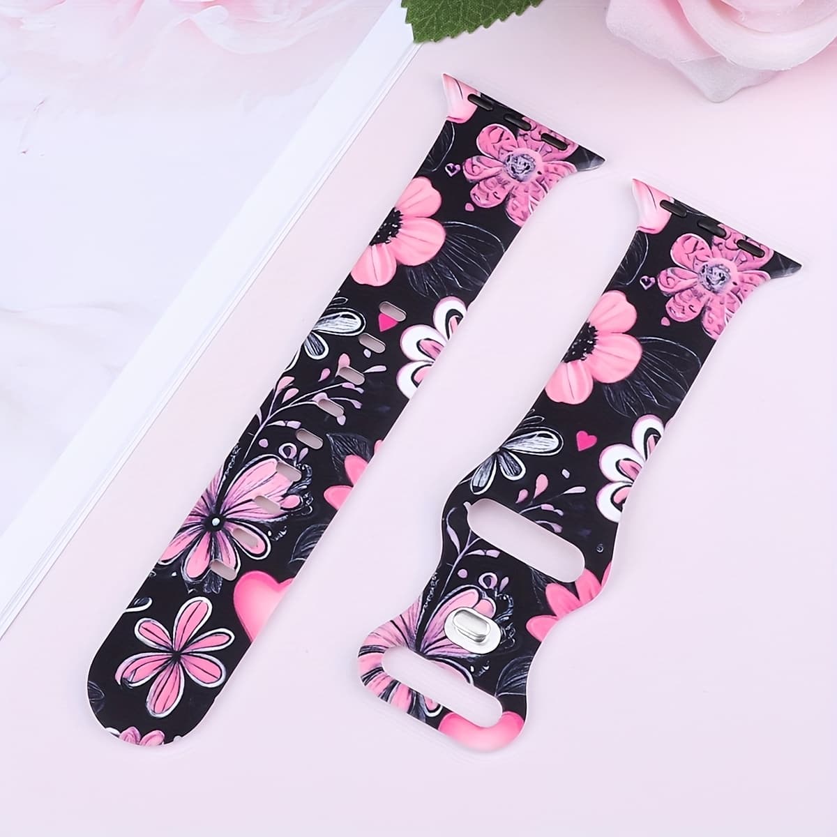 TEMU Floral Print Silicone Watch For Watch 38/40/41/(series10/11 42)/44/45/49mm Women's Adjustable Sport Replacement Strap Compatible With For Iwatch Series 11 10 6 5 4 3 2 1/se/ultra 1 2