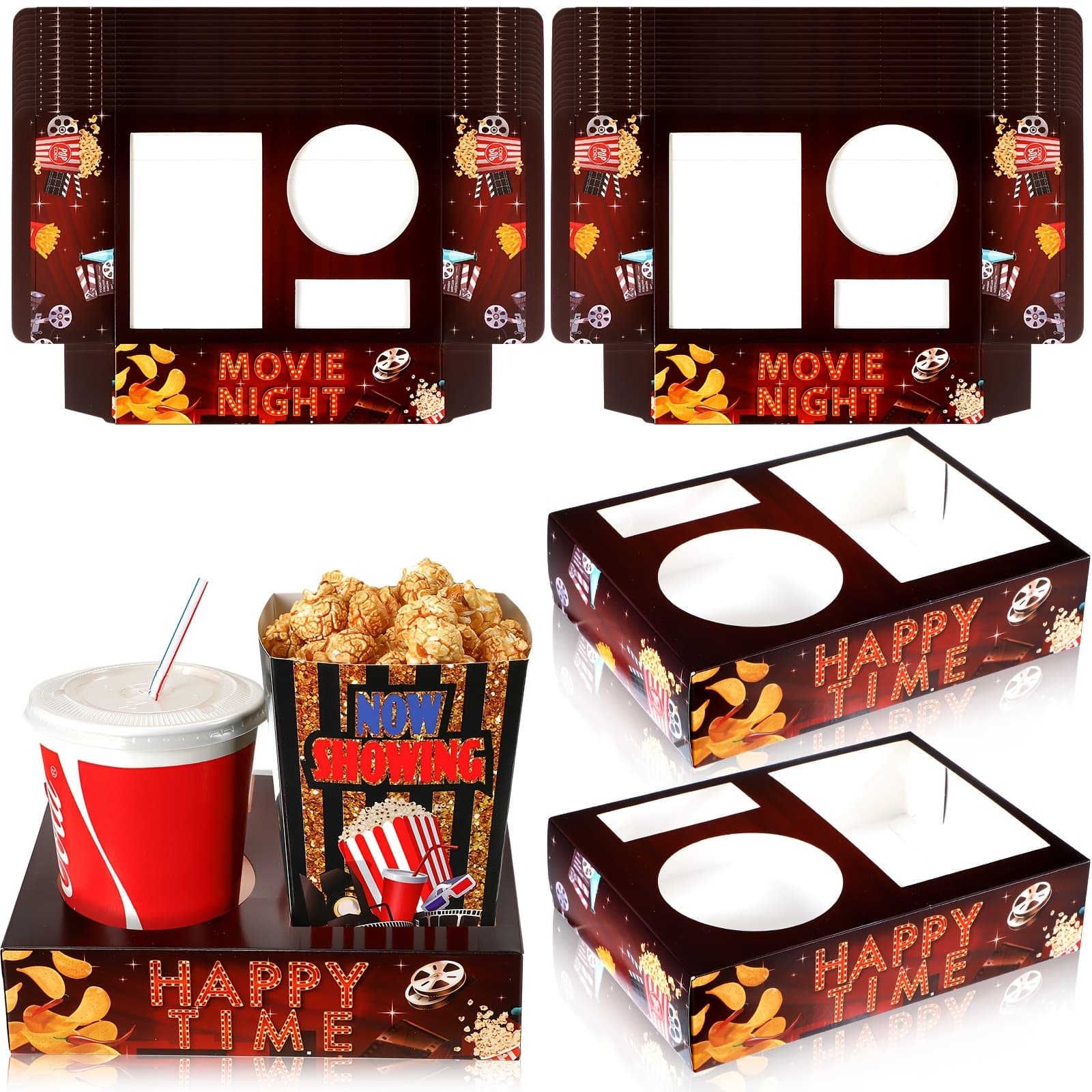 TEMU 36pcs Movie Night Snack Trays Movie Theater Snack Boxes Movie Night Supply Disposable Paper Snack Holder Movie Tray For Popcorn Food Party (dark Red, Retro Style)