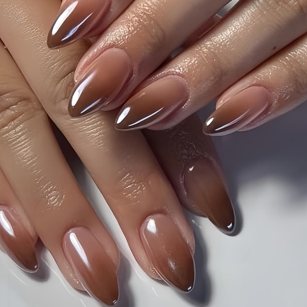 TEMU 24pcs Of Short And Medium Almond Brown Aurora Gradient Wearing Nails, Versatile Temperament, A Nail Art Suitable For Women