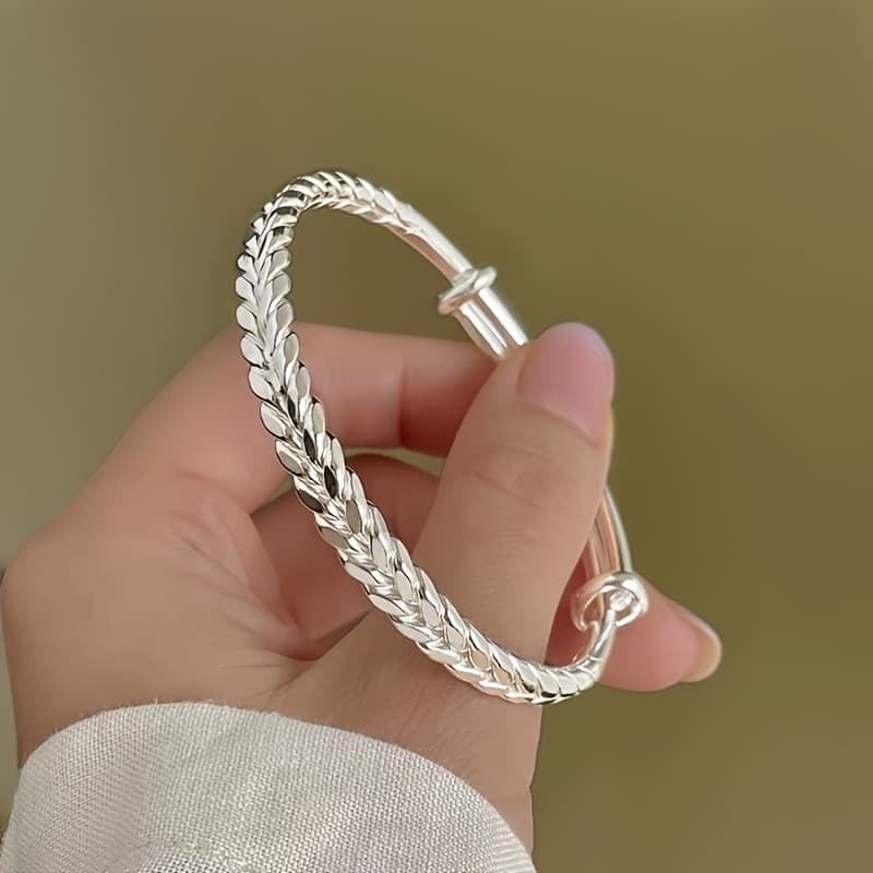 TEMU 999 Sterling Silver Bracelet Bohemian Wheat Shape Adjustable Bracelet, Suitable For And Ladies' Daily Wear For Holiday Anniversary Valentine's Day Birthday Gift