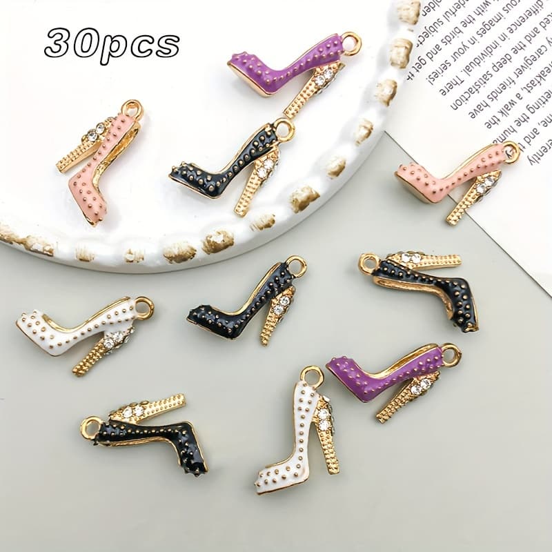 TEMU 30pcs Elegant Polka Dot & High Heel Charms, Mixed Colors, 16x18mm - Alloy Pendants For , Keychains & Bag Accessories, Perfect For Daily Wear
