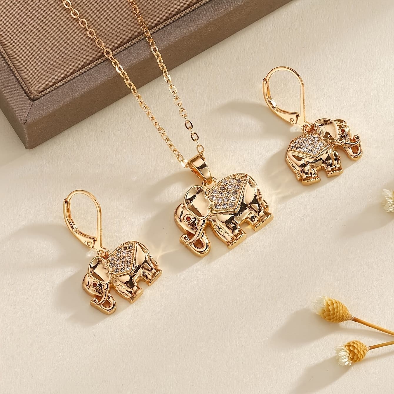 TEMU Stylish Golden Copper Elephant Pendant Necklace And Earring Set With Synthetic Gemstones, Hip Hop Style Animal Jewelry Suitable For Ladies
